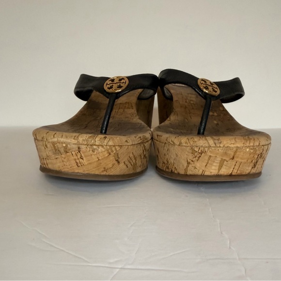 Tory Burch Thora Cork Wedge Thong Sandals Black Leather Logo Size 9 - Picture 7 of 9